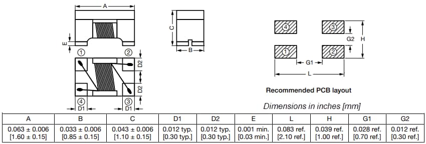 Mechanical Drawing - Vishay / Dale ICM0603 Surface-Mount Common Mode Chokes